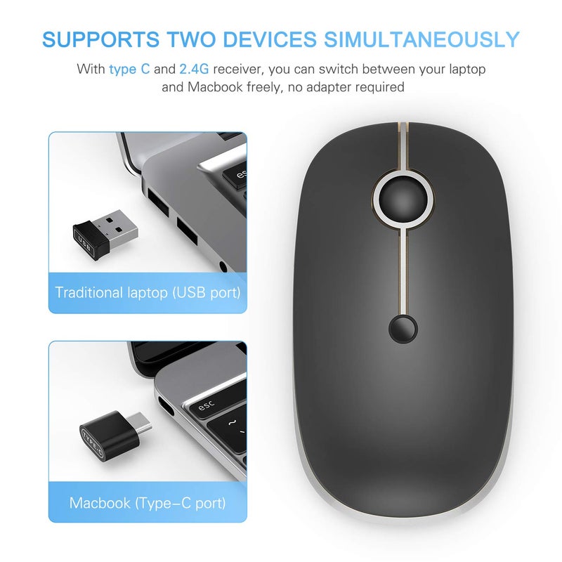 VssoPlor Type C Wireless Mouse, USB C MacBook Wireless Mouse Dual Mode Cordless Mice with USB and Type C Receiver Compatible with PC, Laptop, MacBook and All Type C Devices-Black and Silver - Image 4